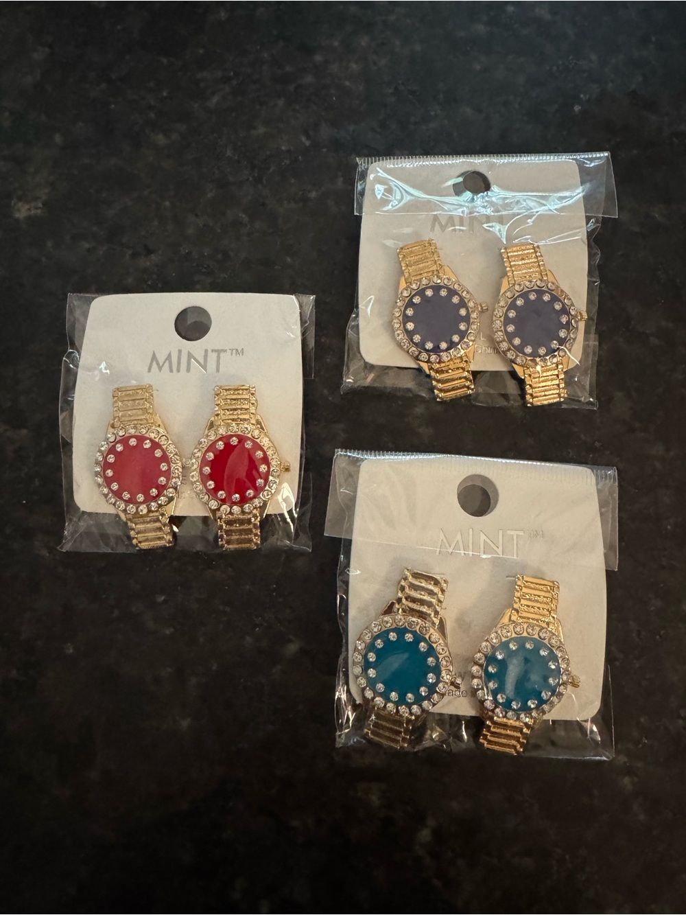 MINT Gold-Tone Watch Face Earrings — Red, Purple, Teal